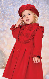 Sarah Louise Red Velvet Trim Coat With Matching Hat 03167