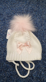 Kleo Kids White Tie Hat With Pink Bow & Pom Pom