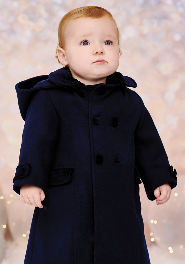 Sarah Louise Navy Velvet Trim Hooded Coat 013161
