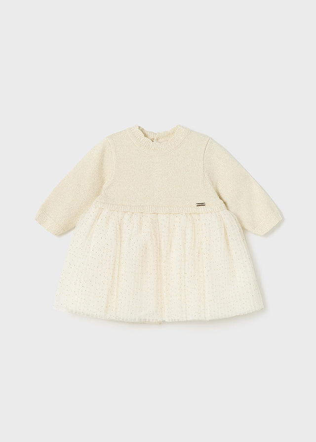Mayoral Baby Girls Champagne Pleated Knit/Tulle Dress 2858