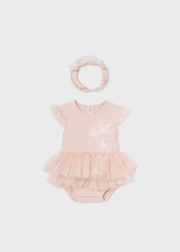 Mayoral Baby Girls Pink Tulle Butterfly Romper & Matching Hairband 1702