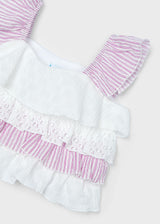 Mayoral Girls Pink Ruffle Top & Striped Shorts Set 3259