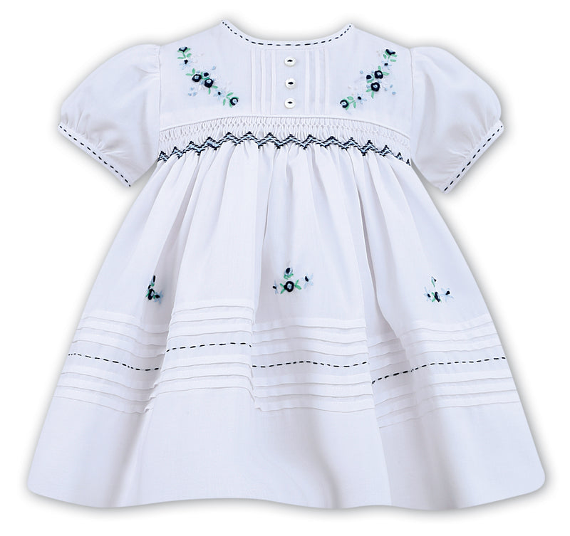 Sarah Louise White Smocked Dress Trimmed With Navy/Green C7103