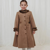 Child wearing a brown coat with fur trim on a white background