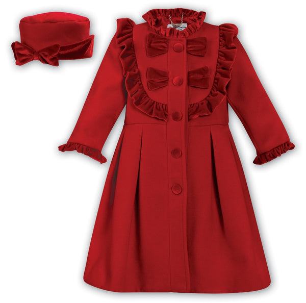 Sarah Louise Red Velvet Trim Coat With Matching Hat 03167