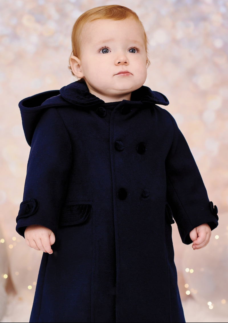 Sarah Louise Navy Velvet Trim Hooded Coat 013161