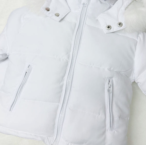 Wee Me Boys All White Puffer Jacket With Faux Fur Hood MYD409