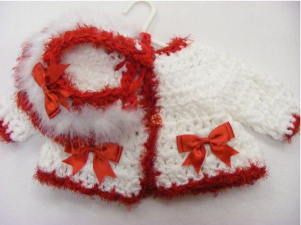 Crocheted Cardigan & Maribu Trimmed Bonnet Set 0-3 Months