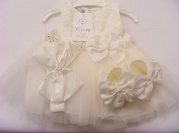 Visara Ivory Bow & Diamante Dress With Shoes & Headband