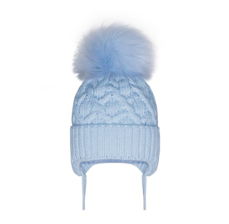 Kinder Blue Cable Hat With Faux Fur Pom Pom AY310