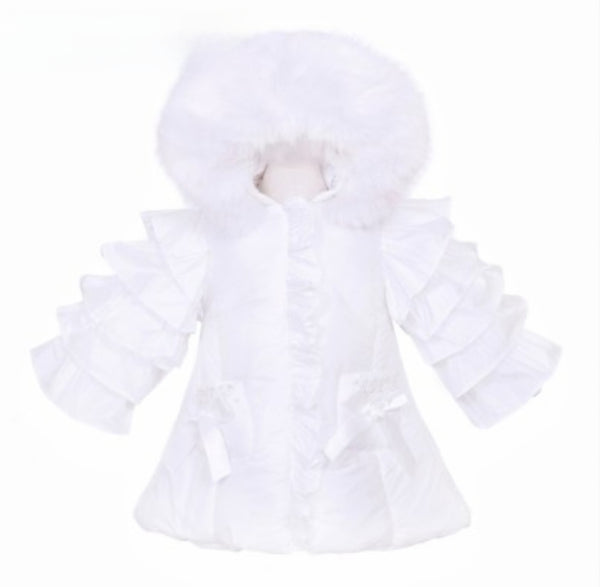 Wee Me Girls White Puffer Coat With Frilled Sleeves & Faux Fur Hood MYD410W