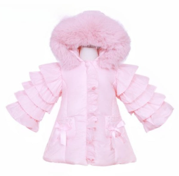 Wee Me Girls Pink Puffer Jacket With Frilled Sleeves & Faux Fur Hood MYD410P