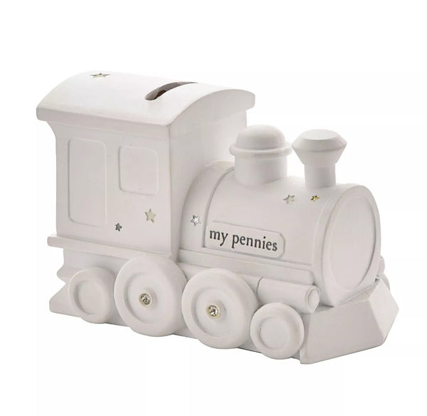 Bambino By Juliana White Resin Train Bank