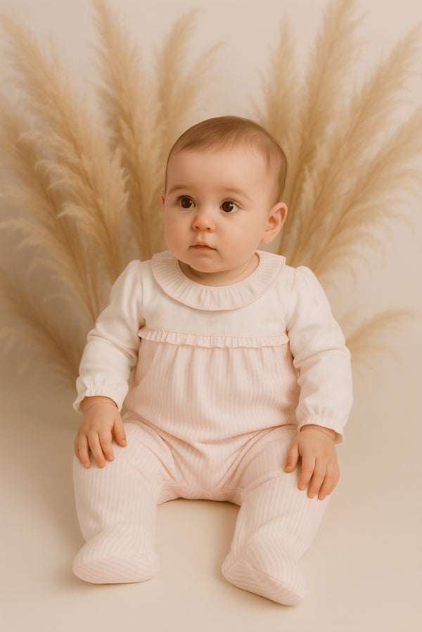 Babidu Pink/White Striped Cotton All In One With Frilled Collar 11128