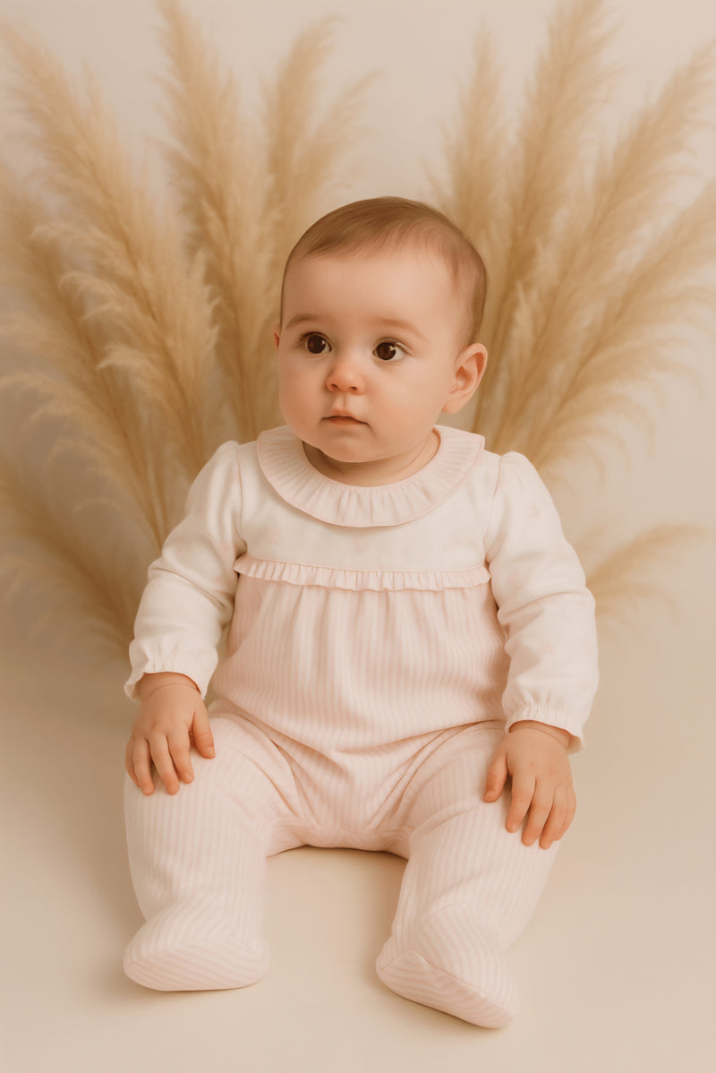 Babidu Pink/White Striped Cotton All In One With Frilled Collar 11128