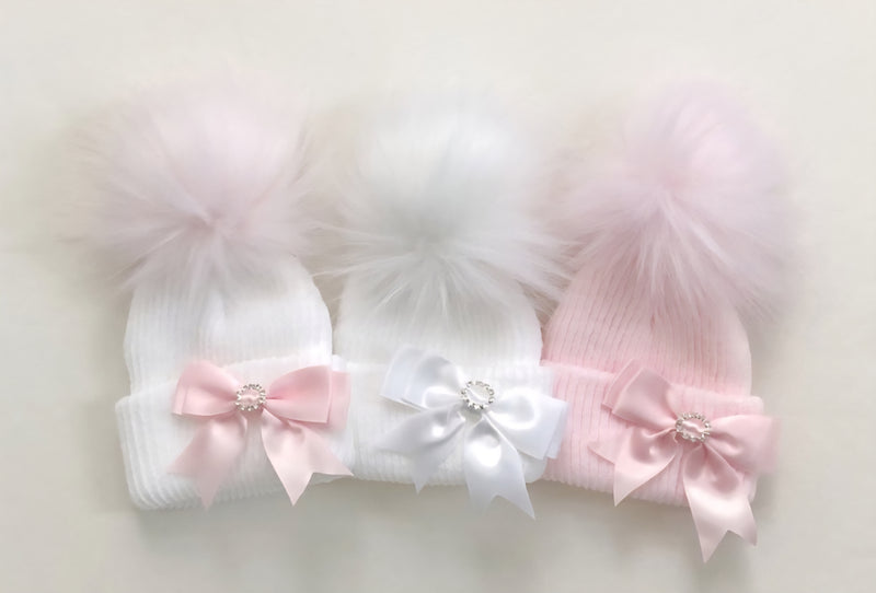 Kinder Boutique Diamante Bow Fur Pom Pom Hat