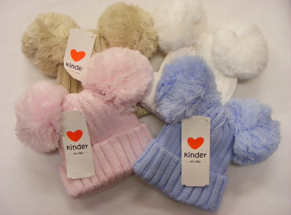 Kinder Boutique Ribbed Beige Double Pom-Pom Hat KH040