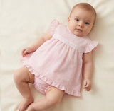 Sardon Pink Gingham Ribbon Slot Dress & Pants Set 684