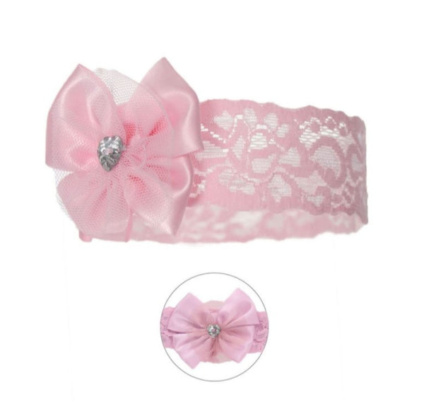 Soft Touch Pink Satin Bow & Gem Headband 0-12 Months HB60
