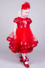 Beau Kid Red Tutu Tiered Dress With Sequinced Top & Matching Back Bow 99046