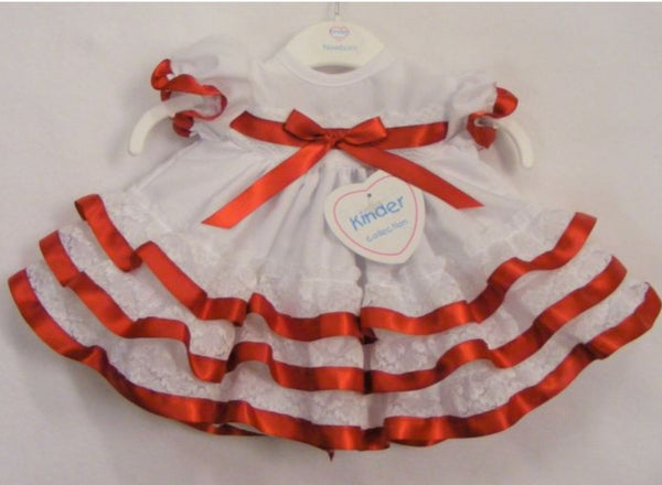 Kinder White With Red Ribbon Tiered Dress K0027