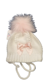 Kleo Kids White Tie Hat With Pink Bow & Pom Pom
