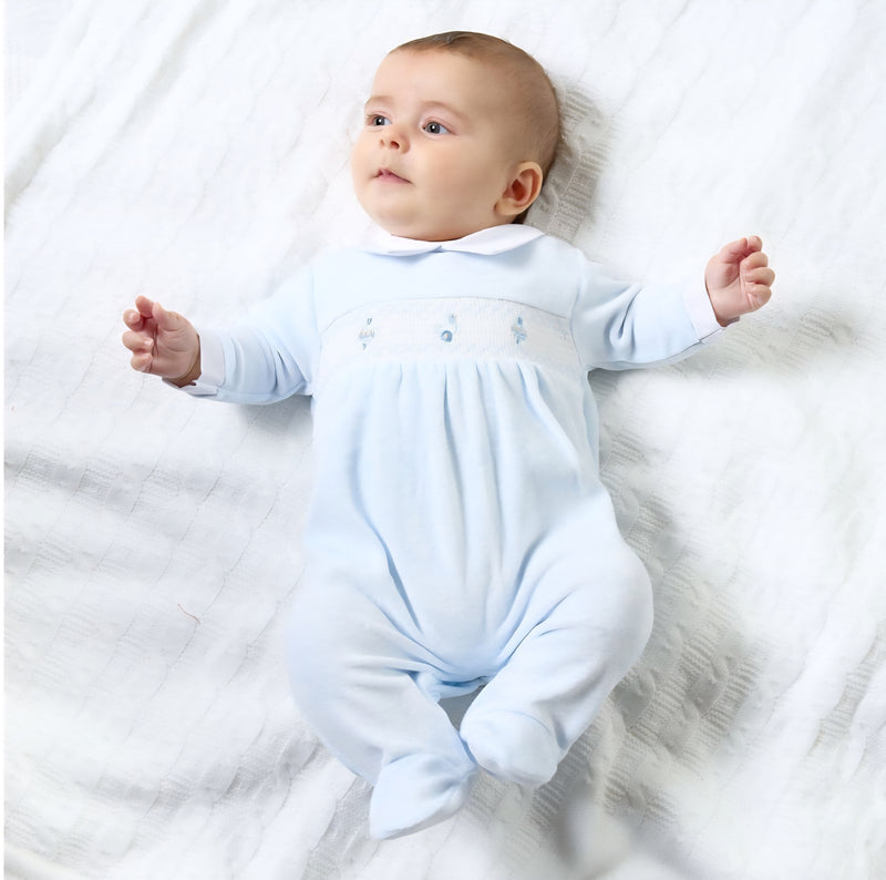 Dandelion Blue Spinning Top & Duck Velour Smocked Onesie