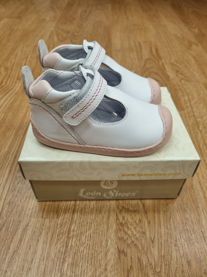 Leon's White & Pink Velcro Strap Leather Shoes 50005