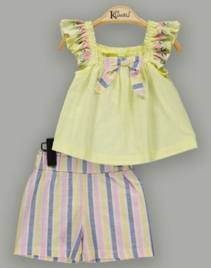 Baby Girls Embroidered Frill Shoulder Top & Pastel Stripe Shorts Set