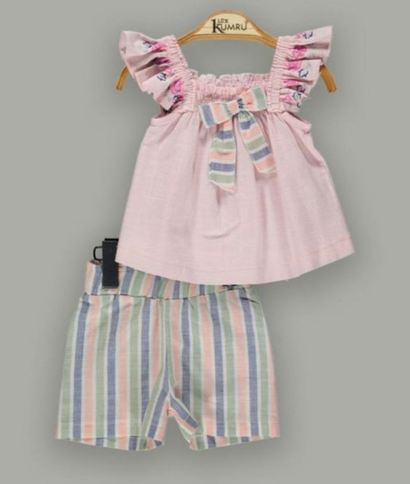 Baby Girls Embroidered Frill Shoulder Top & Pastel Stripe Shorts Set