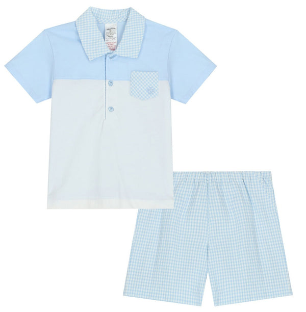 Tutto Sky Blue Gingham Polo & Shorts Set 5682S23